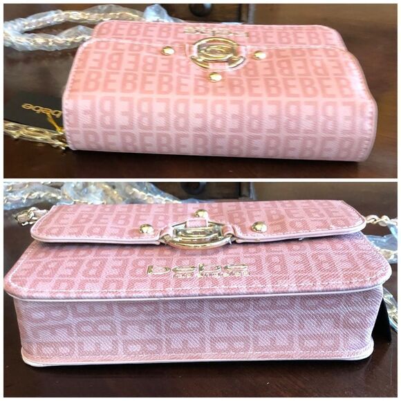 BEBE - NWT - "Kira Logo" Crossbody/Clutch in "Dusty Rose"/Textured Faux Leather - Picture 11 of 16